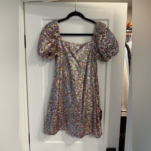 Lulus Sparkling Puff-Sleeve Sequin Mini Dress - Iridescent Pink